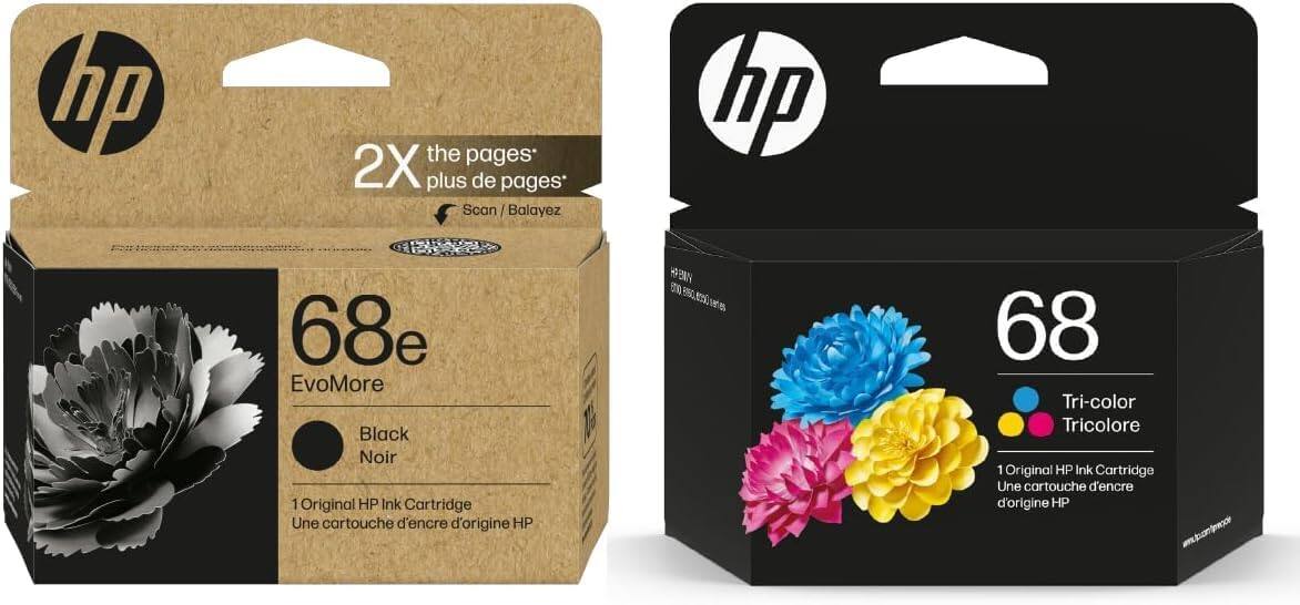 hp the pages 2X plus de pages* Scan / Balayez

hp 68e EvoMore Black Noir
1 Original HP Ink Cartridge
Une cartouche d'encre d'origine HP

hp 68 Tri-color Tricolore
1 Original HP Ink Cartridge
Une cartouche d'encre d'origine HP

*2X the pages*