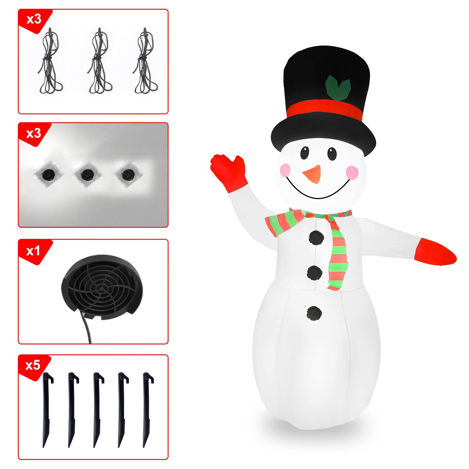 Left. Oumilen - 8FT Inflatable Snowman Yard Decoration – Light‑Up Blow‑Up Snowman with Hat & Scarf, Waterproof Outdoor Lawn Decor.