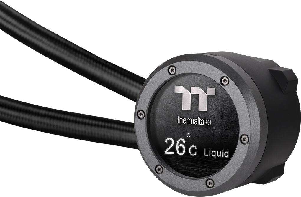 The text on the image reads "T thermaltake 26 C Liquid." This suggests that the image features a thermaltake product, likely a cooling system or liquid cooling unit, with a temperature of 26 degrees Celsius.