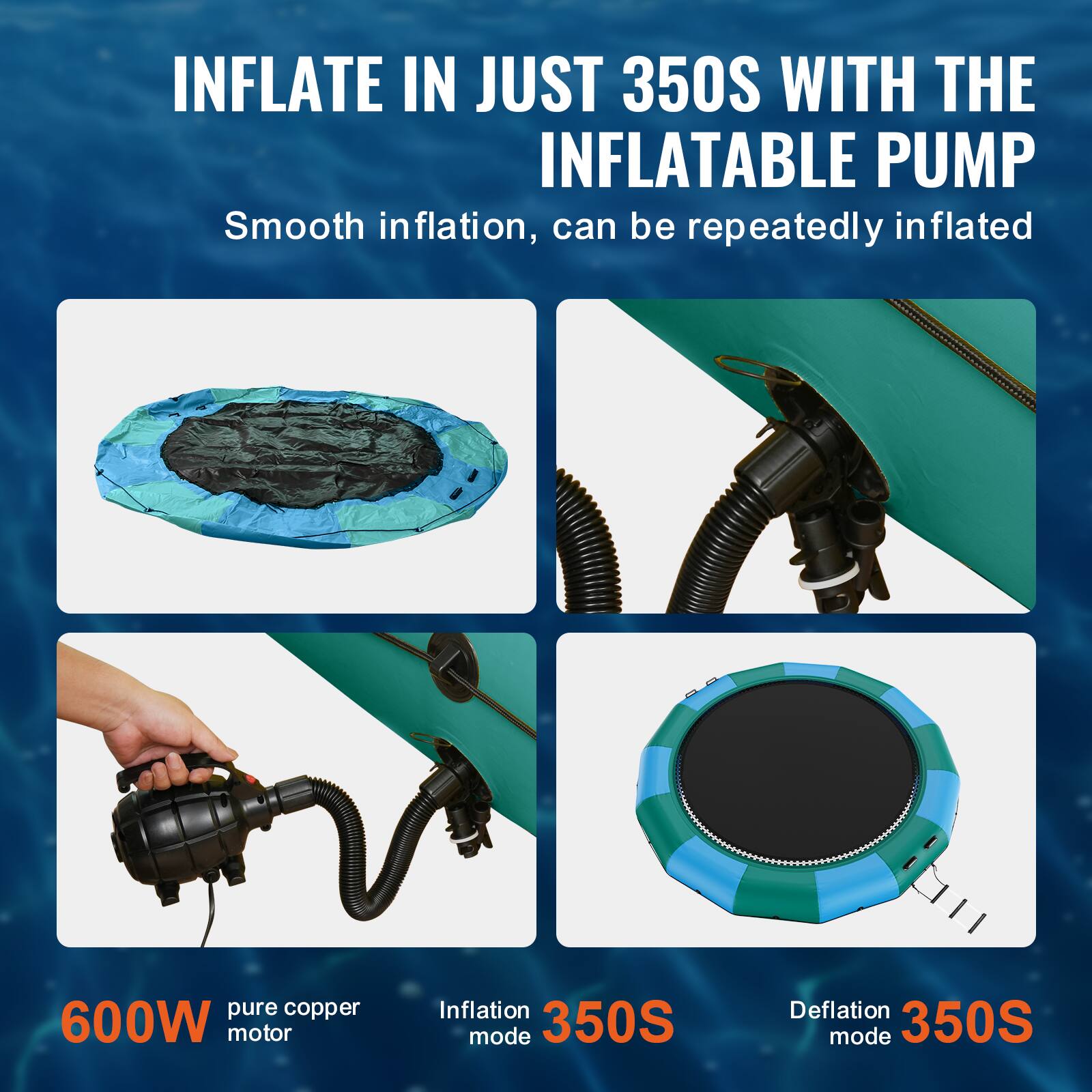 INFLATE IN JUST 350S WITH THE INFLATABLE PUMP. Smooth inflation, can be repeatedly inflated. Pure copper 600W motor. Inflation mode: 350S. Deflation mode: 350S.