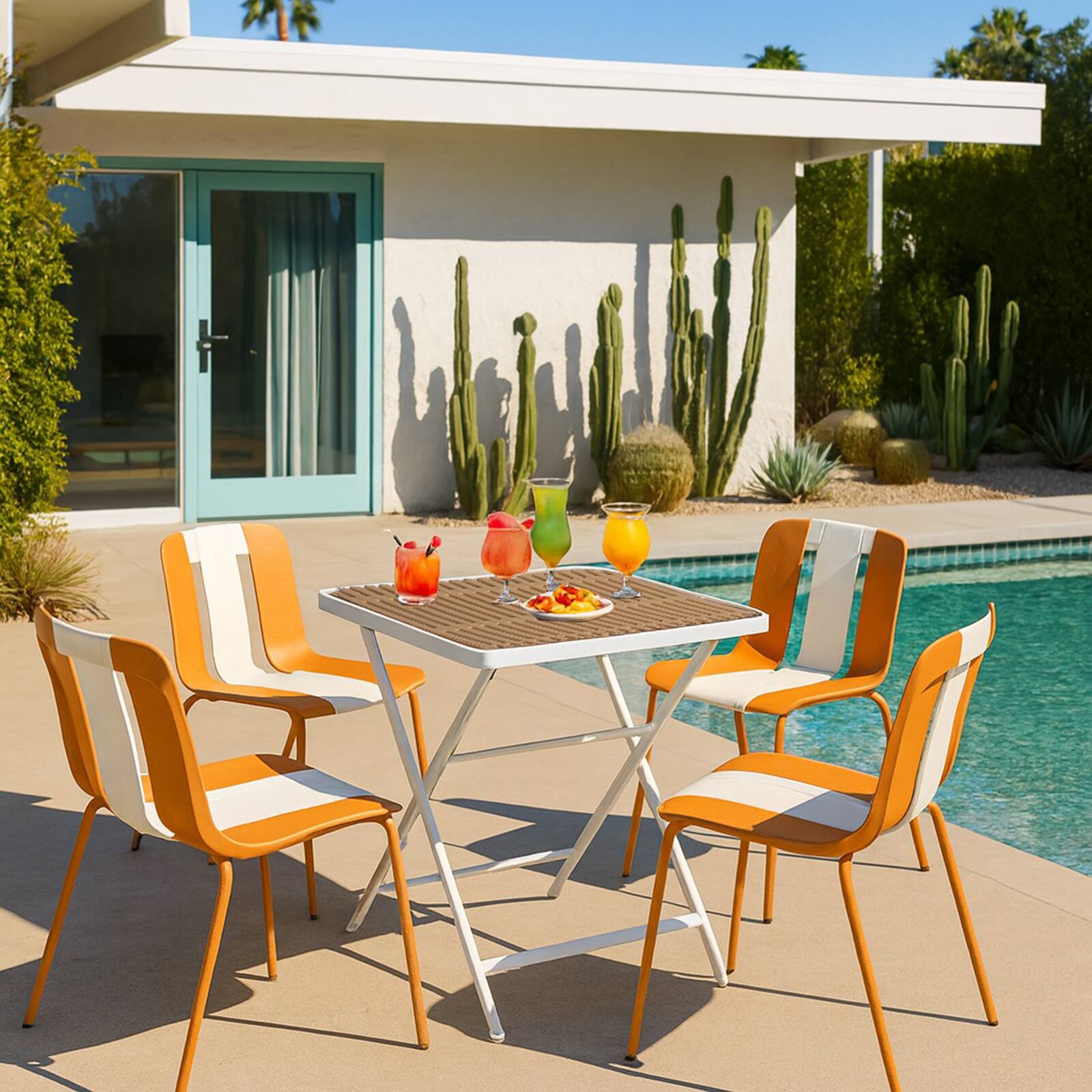 Left. Mondawe - 5-Piece Outdoor Dining Set – Square Table with 4 Striped Color Block Chairs,PP Tabletop with Metal Legs - Orange+White.