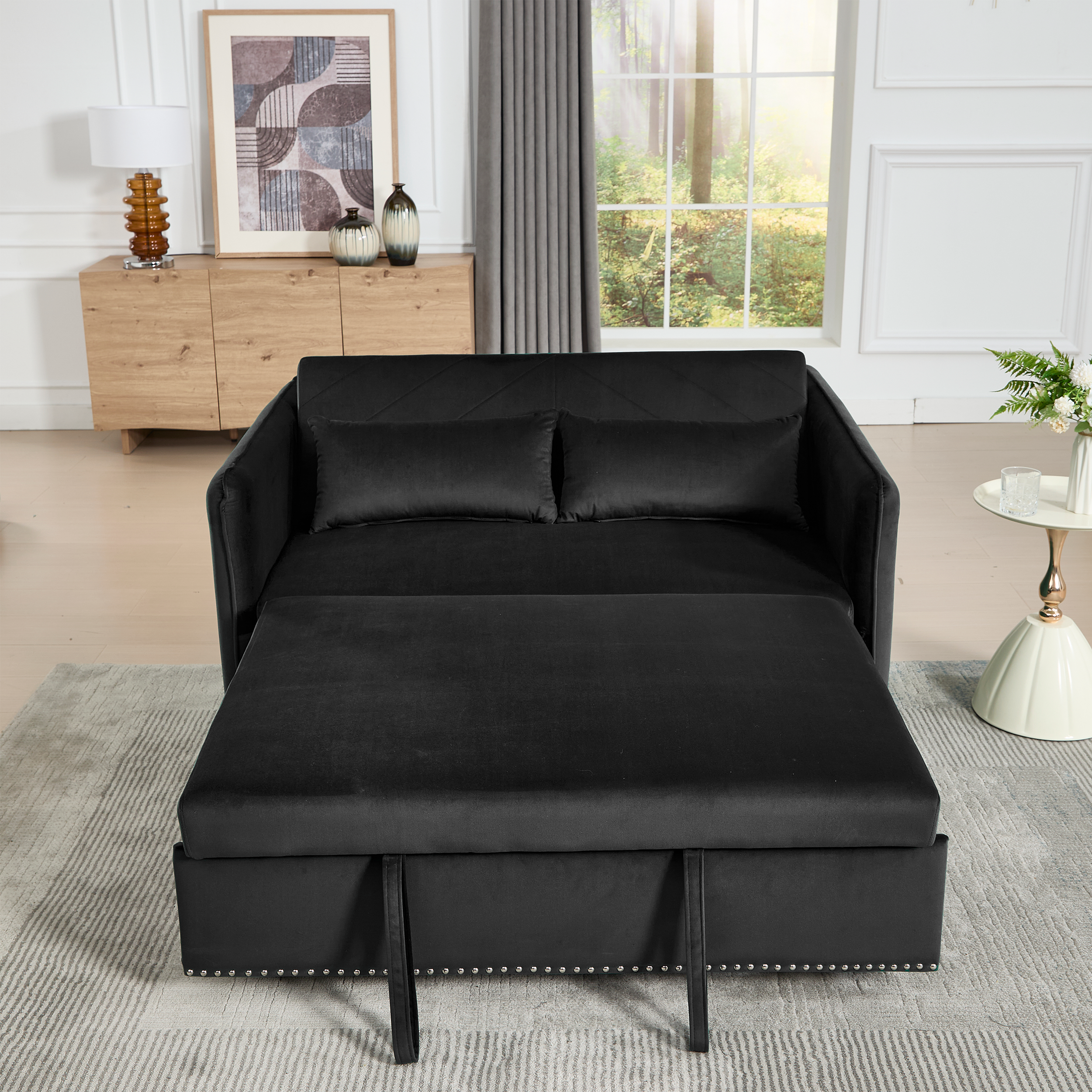 Left. Tiramisubest - 3 in 1 Convertible Sleeper Futon Sofa Bed,55" Velvet Loveseat with 2 Pillows,Reclining Backrest & Side Pockets,Black - Black.