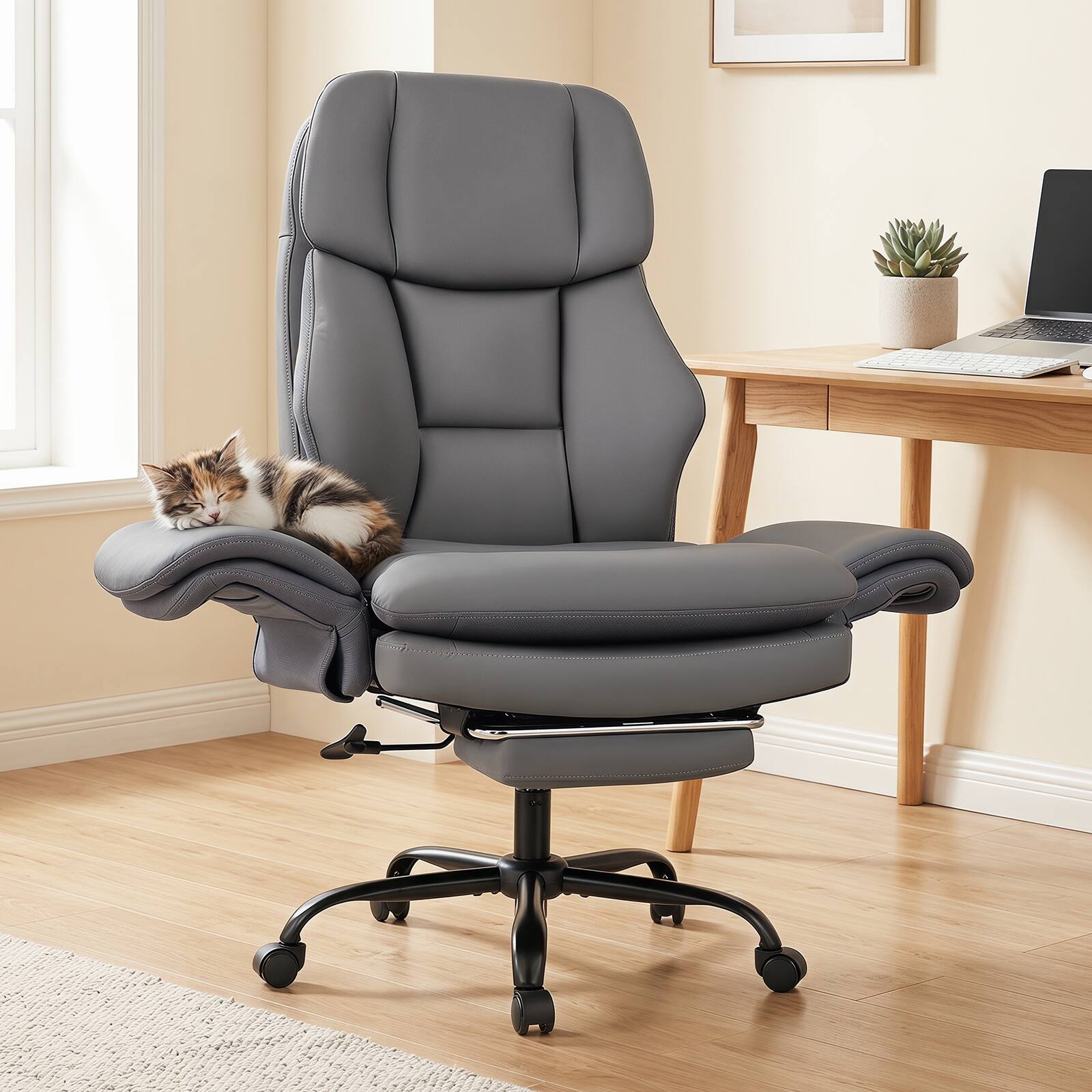 Alt View 3. Costway - Costway Ergonomic Cross Legged Office Chair with Scratch-Resistant Leather & 5 Wheels - Gray + Black.