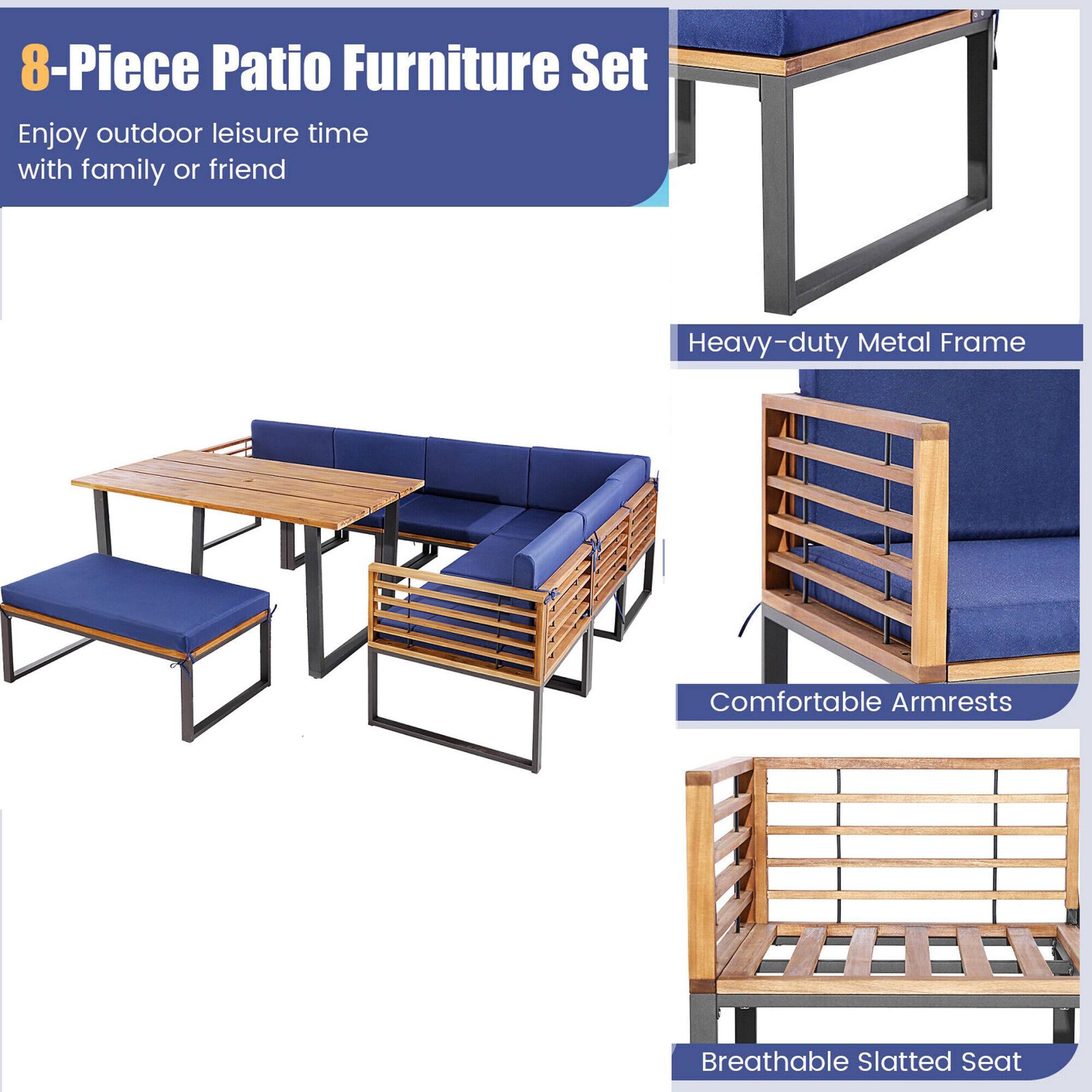 8-Piece Patio Furniture Set

Enjoy outdoor leisure time with family or friend

Heavy-duty Metal Frame

Comfortable Armrests

Breathable Slatted Seat