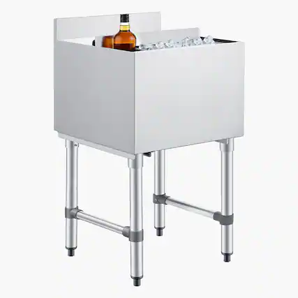 Front. VEVOR - Commercial Ice Bin, 49.4 Qt Max Capacity, 18 x 18 x 33 Inch Stainless Steel Ice Chest with Sliding Lid and Bottle - Silver.