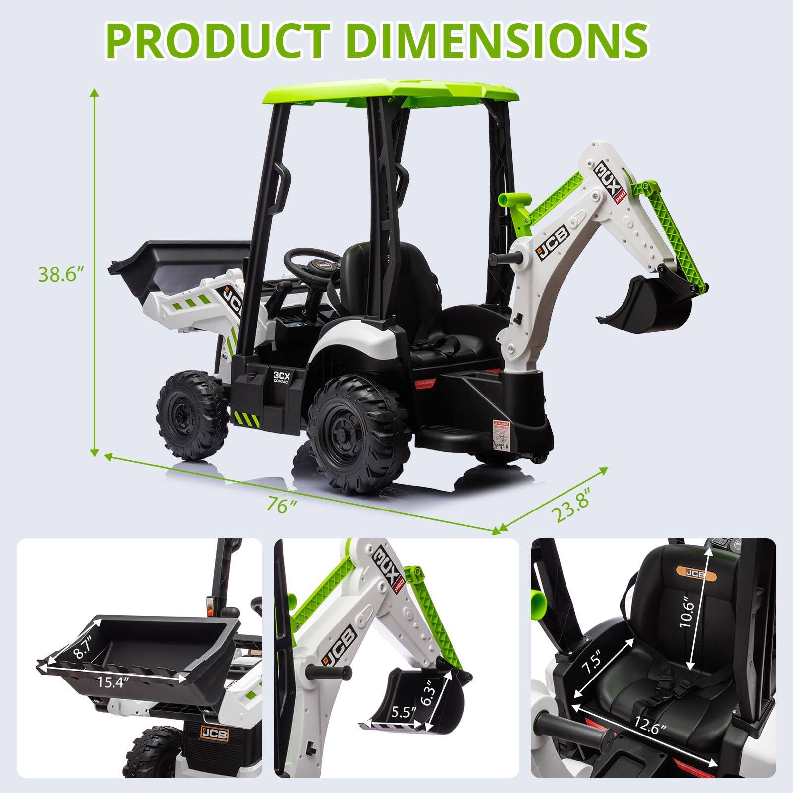 PRODUCT DIMENSIONS

- 38.6"
- 76"
- 23.8"
- 15.4"
- 6.3"
- 5.5"
- 10.6"
- 7.5"
- 12.6"