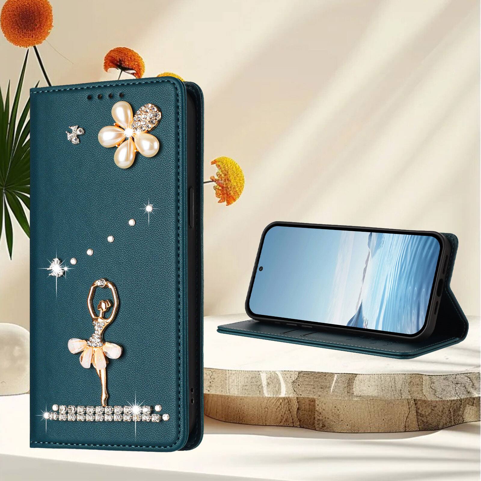 Alt View 1. Dteck - 3D Bling Ballerina Wallet Case for Samsung Galaxy S26 Ultra, RFID Blocking PU Leather Flip Cover with Card Slots - Darkgreen.