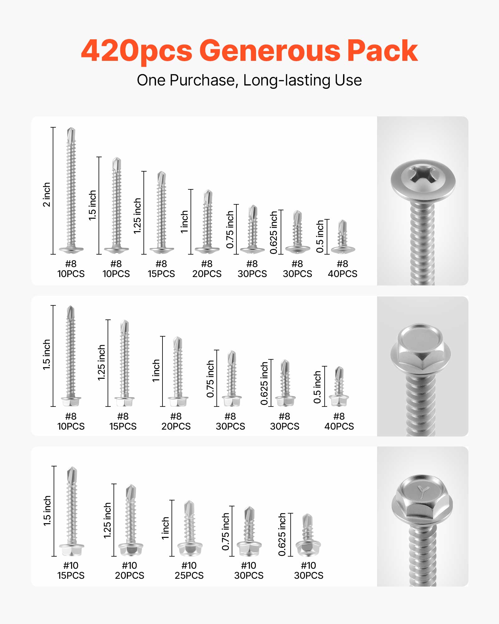420pcs Generous Pack  
One Purchase, Long-lasting Use  

- 2 inch #8 10PCS  
- 1.5 inch #8 10PCS  
- 1.25 inch #8 15PCS  
- 1 inch #8 20PCS  
- 0.75 inch #8 30PCS  
- 0.625 inch #8 30PCS  
- 0.5 inch #8 40PCS  

- 1.5 inch #8 10PCS  
- 1.25 inch #8 15PCS  
- 1 inch #8 20PCS  
- 0.75 inch #8 30PCS  
- 0.625 inch #8 30PCS  
- 0.5 inch #8 40PCS  

- 1.5 inch #10 15PCS  
- 1.25 inch #10 20PCS  
- 1 inch #10 25PCS  
- 0.75 inch #10 30PCS  
- 0.625 inch #10 30
