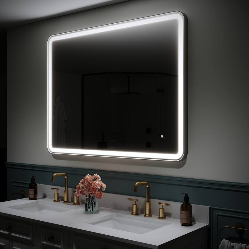 Left. WELLFOR - 48" x 36"Anti-Fog LED Bathroom Mirror, Wall Bathroom Vanity Mirror with Framed Round Corner - Matte Black.