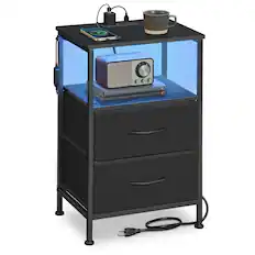 Front. Songmics Home - Nightstand with Charging Station and App-Controlled Adjustable LED Lights, Bed Side Table, 2 Drawers and Open Shelf - Ink Black and Ebony Black.