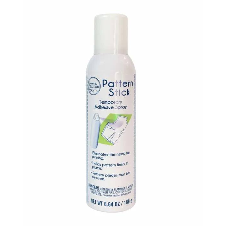 Pattern Stick  
Temporary Adhesive Spray  

Eliminates the need for pinning.  
Holds pattern firmly in place.  
Pattern pieces can be re-used.  

DANGER! EXTREMELY FLAMMABLE UNDER PRESSURE. FLASH FIRE CONTENTS. See cautions on back.  

NET WT 6.64 OZ / 188 g