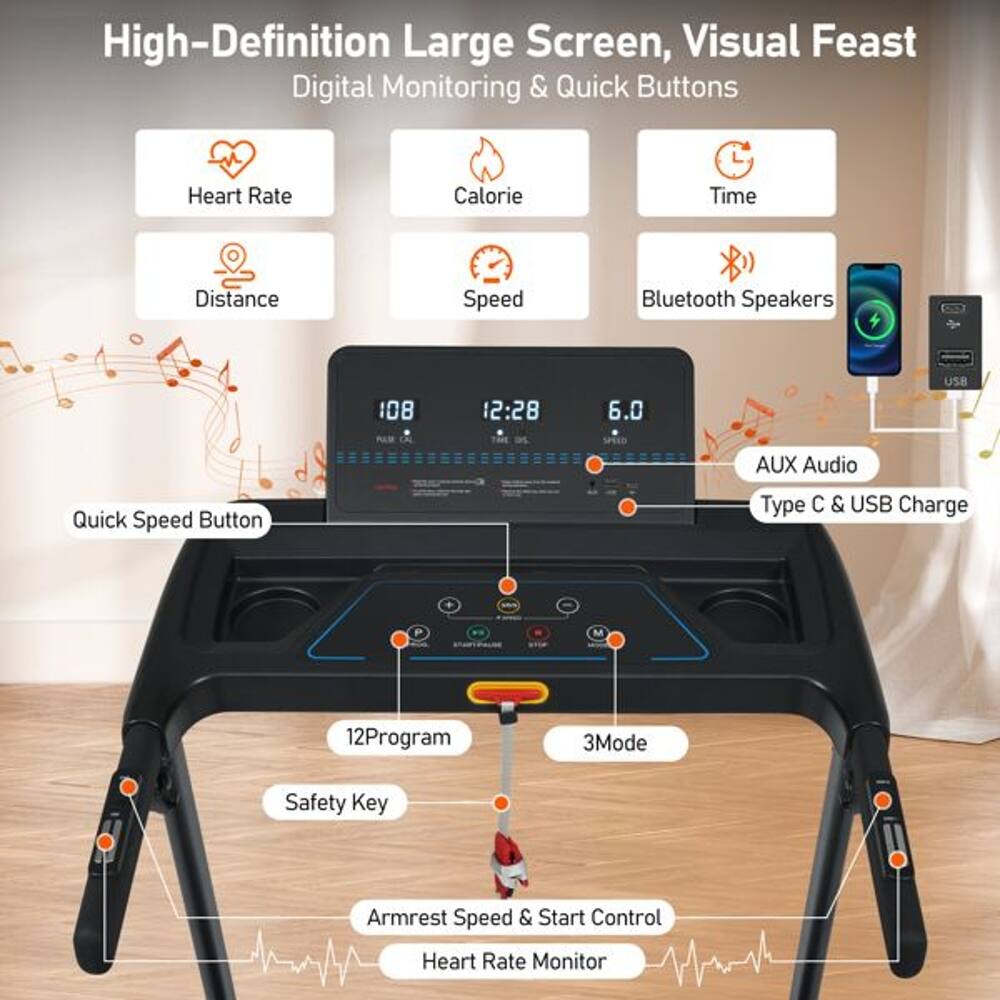 High-Definition Large Screen, Visual Feast Digital Monitoring & Quick Buttons

- Heart Rate
- Calorie
- Time
- Distance
- Speed
- Bluetooth Speakers

108
12:28
6.0

Quick Speed Button

AUX Audio
Type C & USB Charge

12 Program
3 Mode

Safety Key
Armrest Speed & Start Control
Heart Rate Monitor
