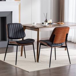 Loheer - Mid Century Modern Dining Chairs Set of 2 Walnut Bentwood Faux Leather - Black