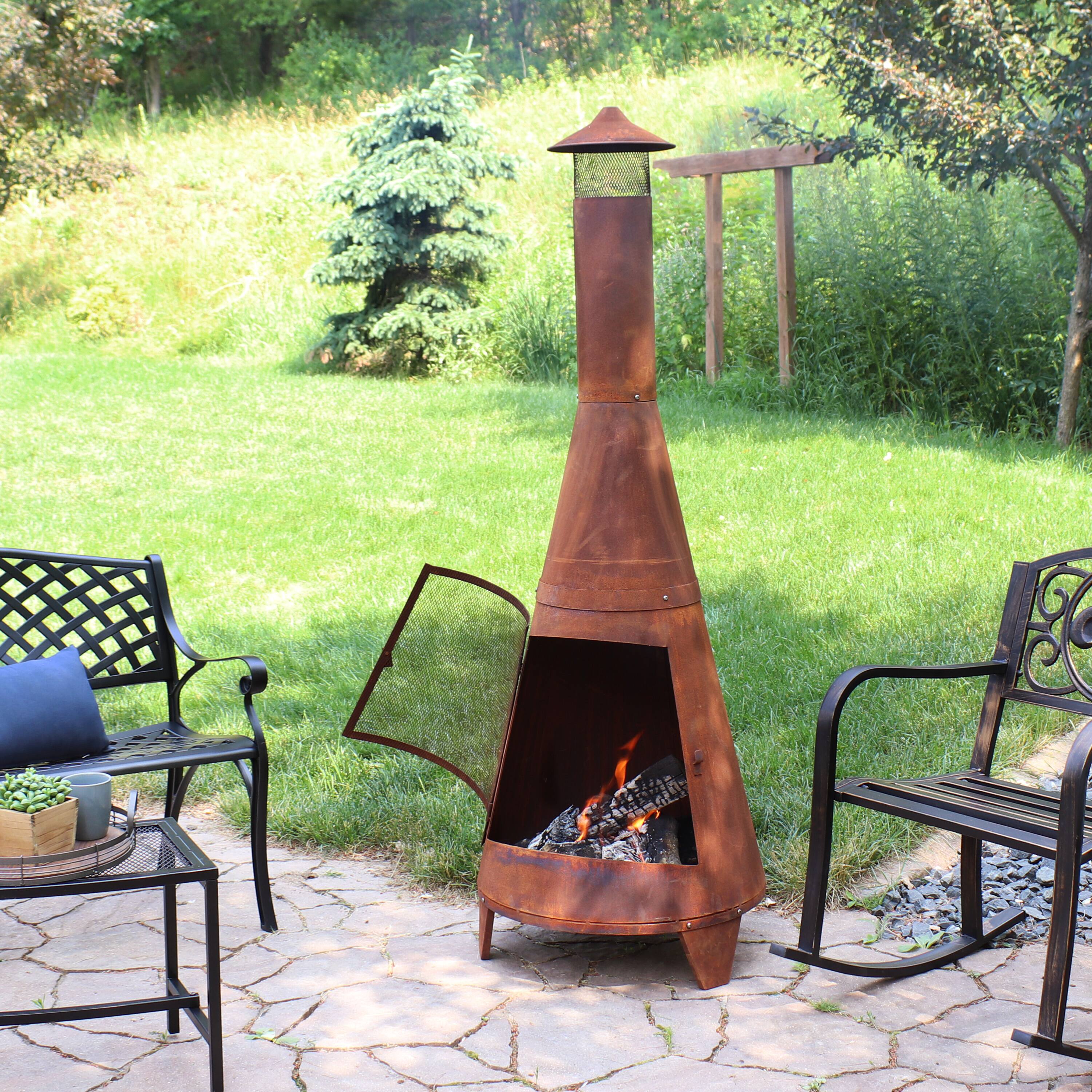 Alt View 1. Sunnydaze - 70 in Steel Wood Burning Chiminea Fire Pit with Rain Cap - Rustic - Dark Orange.