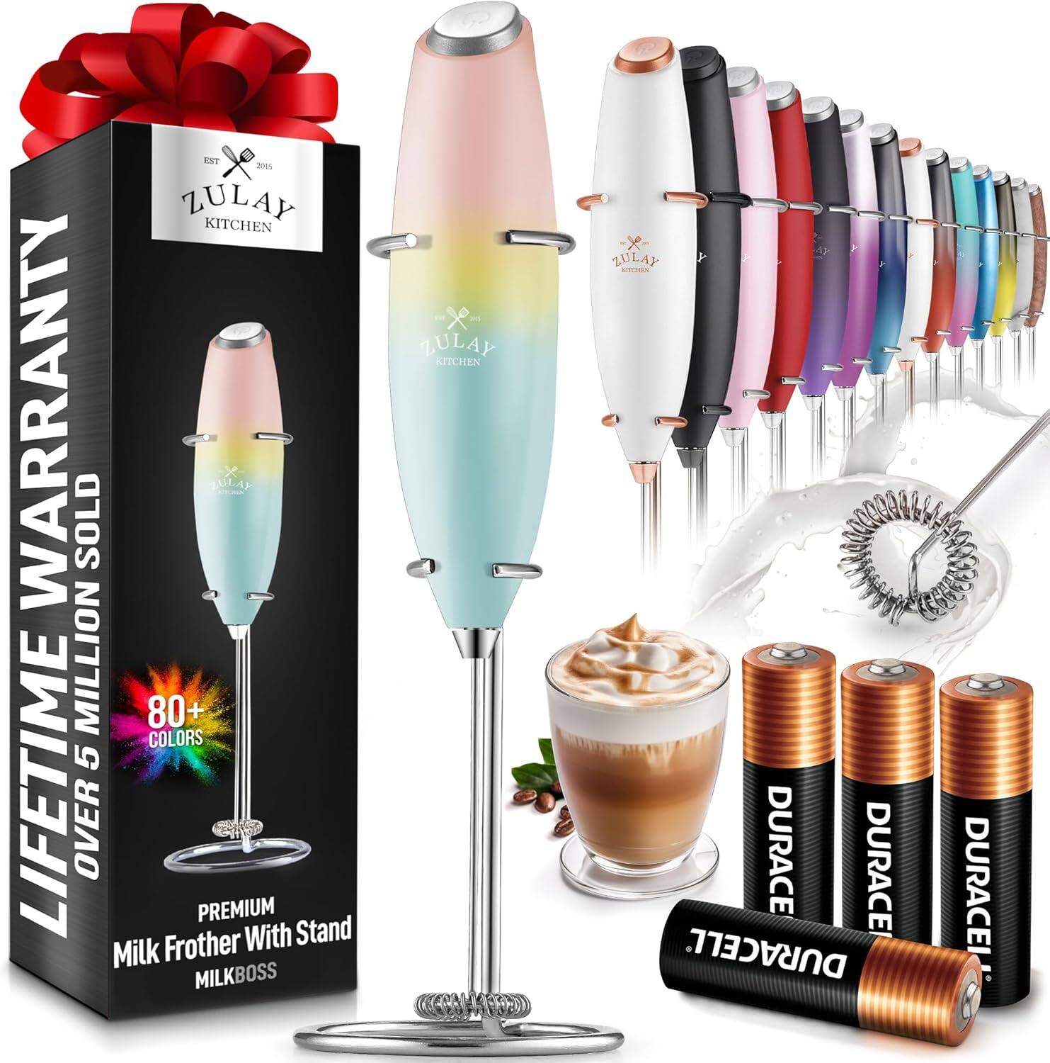 ZULAY KITCHEN  
EST 2015  

LIFETIME WARRANTY  
OVER 5 MILLION SOLD  

80+ COLORS  

PREMIUM Milk Frother With Stand  
MILKBOSS  

DURACELL