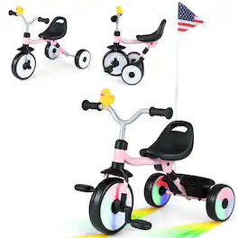 Costway - 3-in-1 Kids Tricycle with Lighted Wheels Folding Toddler Trike with Adjustable Seat - Pink