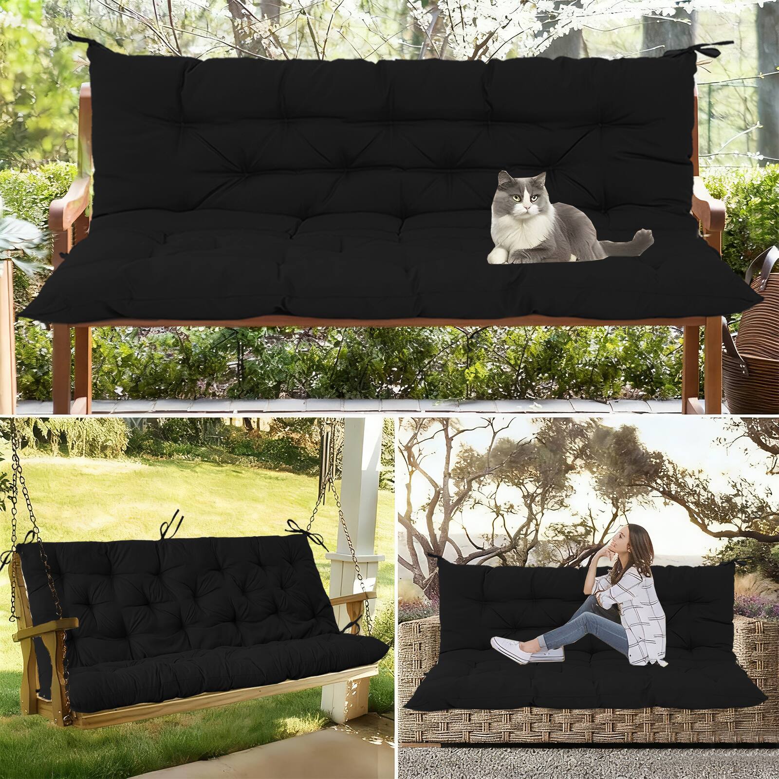 Alt View 3. Chateau Abodes - Outdoor Replacement Seat Cushions for 2-3 Person Swing & Bench, Waterproof Sofa Pads with Backrest for Patio Furniture - Black-40x40in.