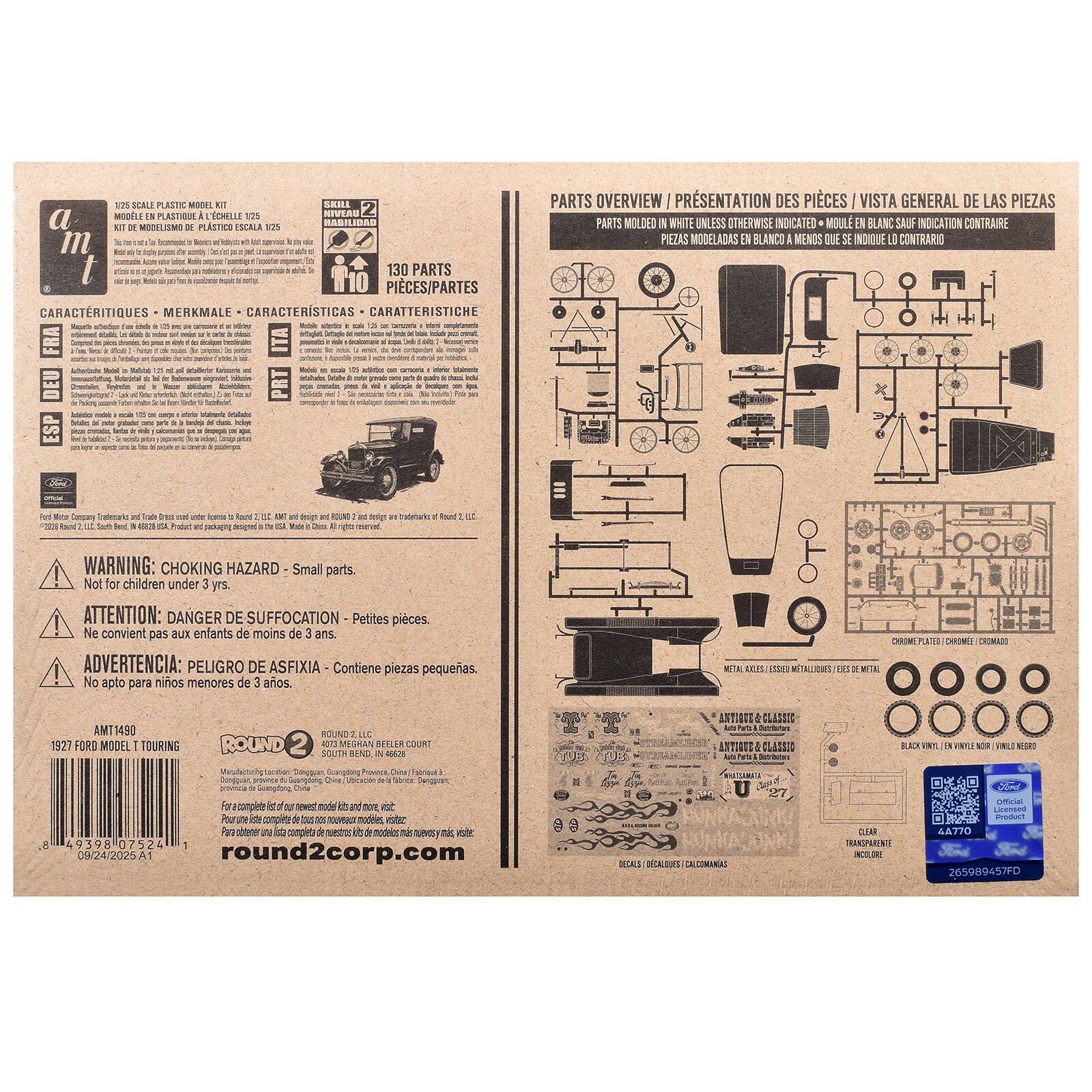 1/25 SCALE PLASTIC MODEL KIT  
MODÈLE EN PLASTIQUE À L'ÉCHELLE 1/25  
KIT DE MODELSIMO DE PLÁSTICO ESCALA 1/25  

SKILL LEVEL  
NIVEAU HABILIDAD  

130 PARTS  
PIÈCES/PARTES  
CARACTERÍSTICAS  
MERKMALE  
CARATTERISTICHE  

PARTS OVERVIEW  
PRÉSENTATION DES PIÈCES  
VISTA GENERAL DE LAS PIEZAS  
PARTS MOLDED WHITE UNLESS OTHERWISE INDICATED  
MOULÉ EN BLANC SAUF INDICATION CONTRAIRE  
PIEZAS MODELADAS EN BLANCO A MENOS QUE SE INDIQUE LO CONTRARIO  

WARNING: CHOKING HAZARD - Small parts. Not for children under 3 yrs.  
ATTENTION: DANGER DE SUFFOCATION - Petites pièces. Ne convient pas aux enfants de moins de 3 ans.  
ADVERTENCIA: PELIGRO DE ASFIXIA - Contiene piezas pequeñas. No apto para niños menores de 3 años.  

METAL AXLES - LES AXES