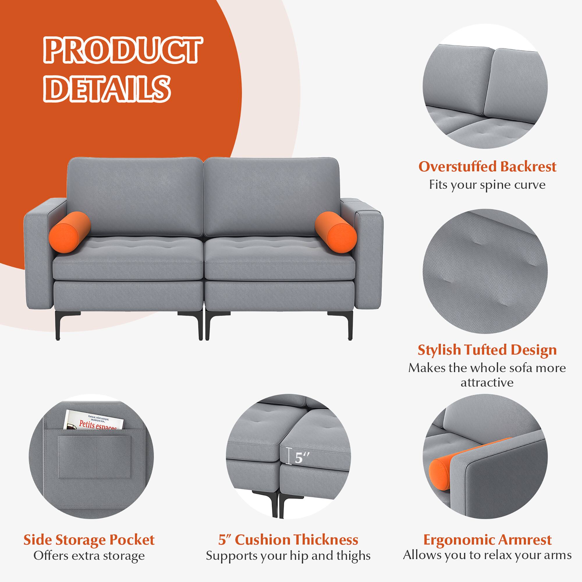 **PRODUCT DETAILS**

- **Overstuffed Backrest**  
  Fits your spine curve

- **Stylish Tufted Design**  
  Makes the whole sofa more attractive

- **Side Storage Pocket**  
  Offers extra storage

- **5" Cushion Thickness**  
  Supports your hip and thighs

- **Ergonomic Armrest**  
  Allows you to relax your arms