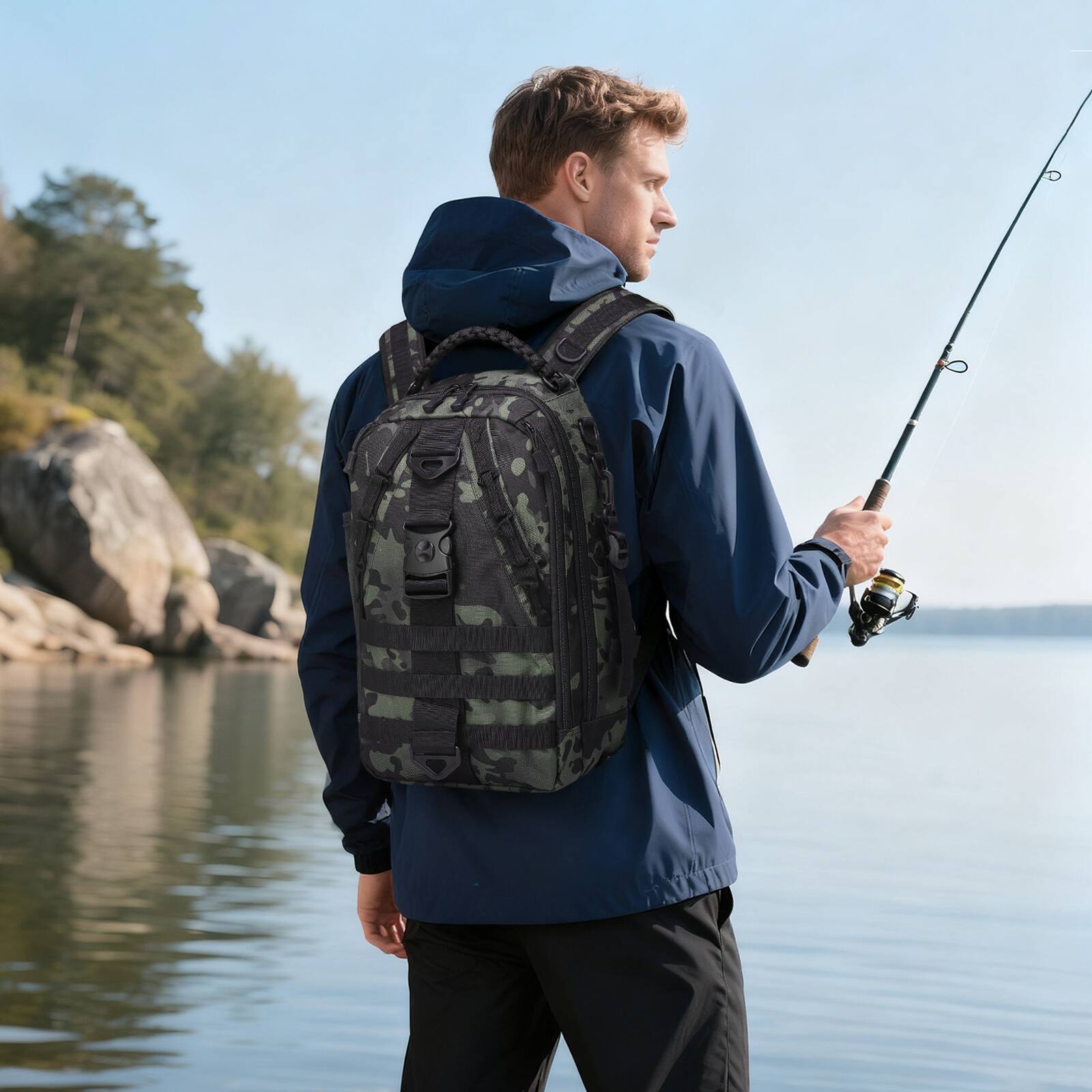 Alt View 1. Unique Bargains - Fishing Tackle Backpack for Men Sling or Backpack Style with Rod Holder Waterproof Great for Anglers Boat Fishing - Camouflage.
