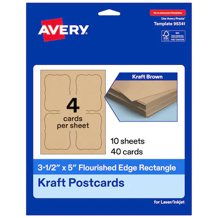 Go to avery.com/templates
AVERY
Use Avery Presta Template 95341
Kraft Brown
4 cards per sheet
10 sheets
40 cards
3-1/2" x 5" Flourished Edge Rectangle Kraft Postcards for Laser/Inkjet
FSC: FSC®C007276