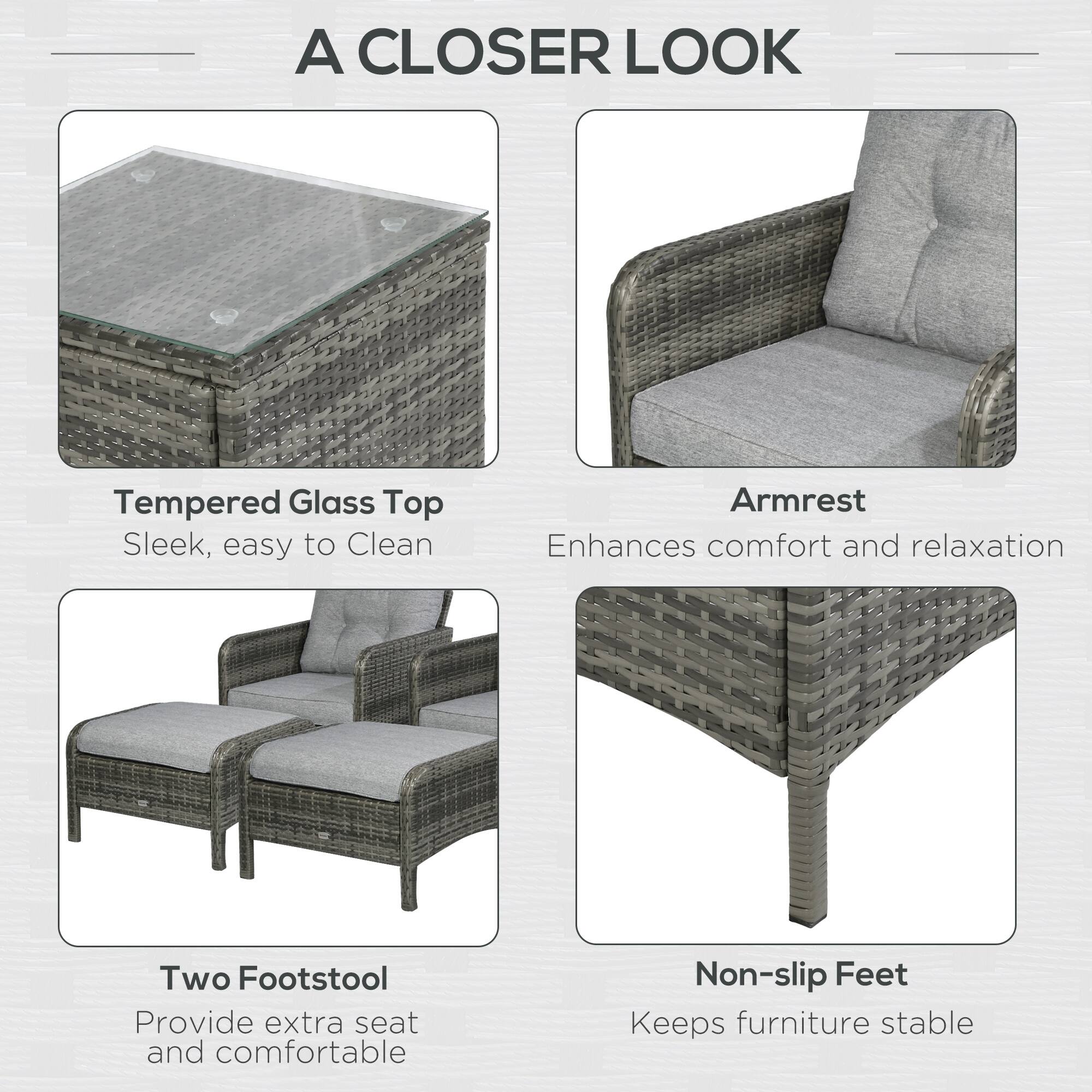 A CLOSER LOOK

Tempered Glass Top
Sleek, easy to Clean

Armrest
Enhances comfort and relaxation

Two Footstool
Provide extra seat and comfortable

Non-slip Feet
Keeps furniture stable