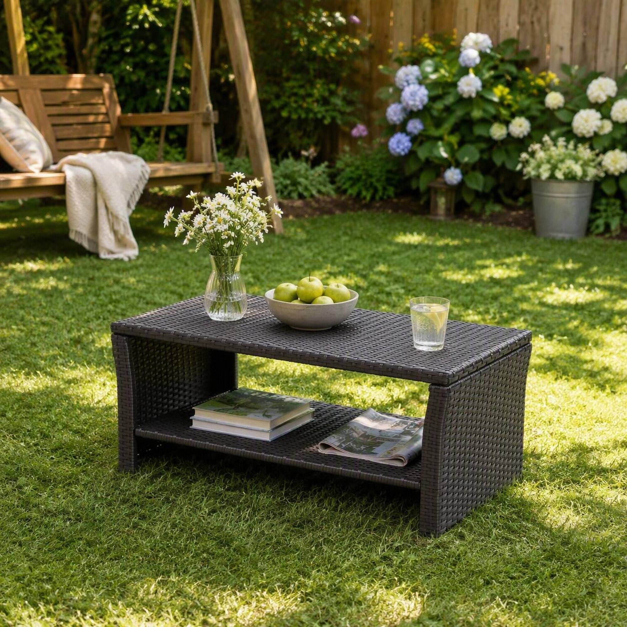 Alt View 2. RYHNUYNE - 2-Tier Outdoor Coffee Table with Storage Shelf,Patio Rattan Furniture,Rectangular Side Table for Garden Deck Porch - Brown.