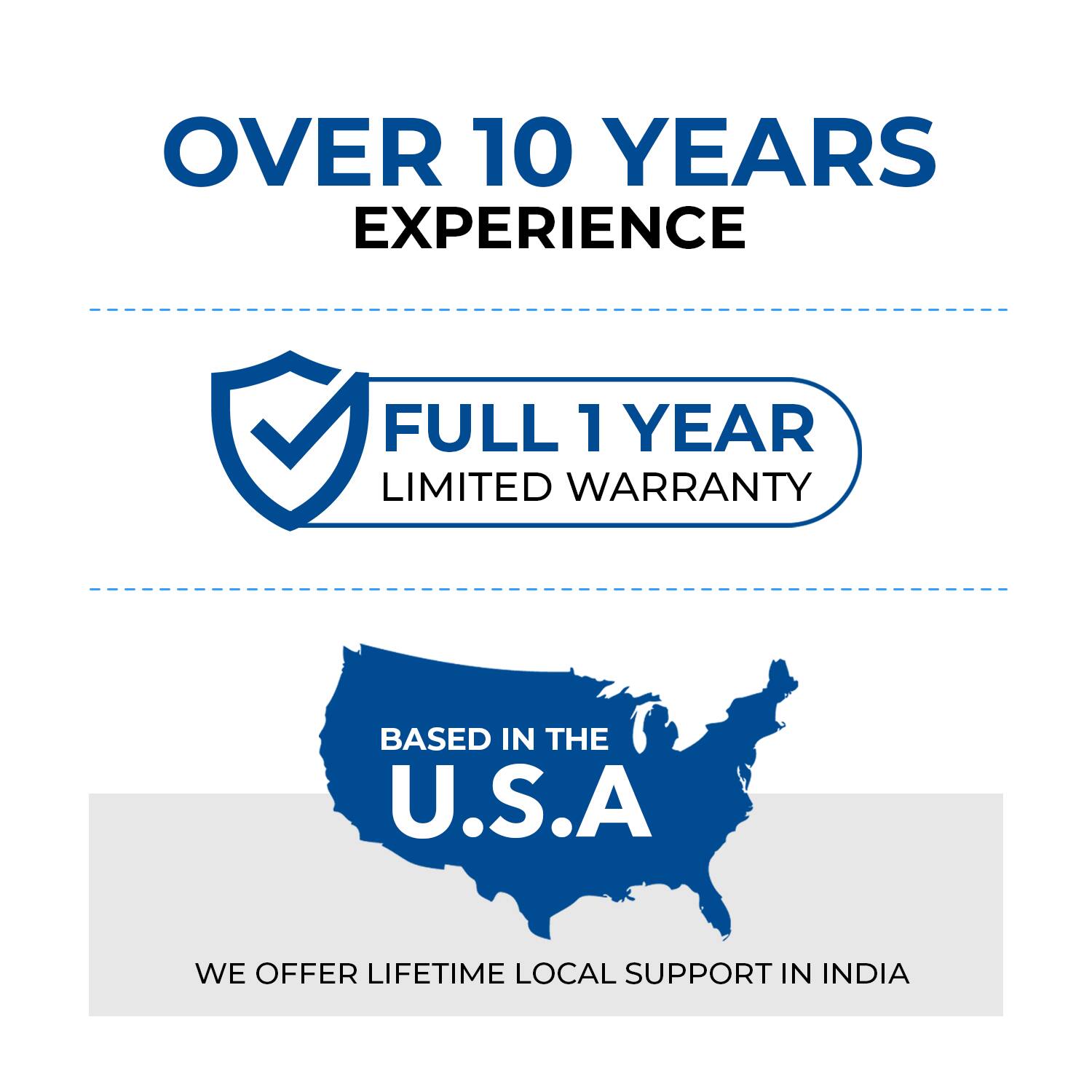 OVER 10 YEARS EXPERIENCE
FULL 1 YEAR LIMITED WARRANTY
BASED IN THE U.S.A
WE OFFER LIFETIME LOCAL SUPPORT IN INDIA
