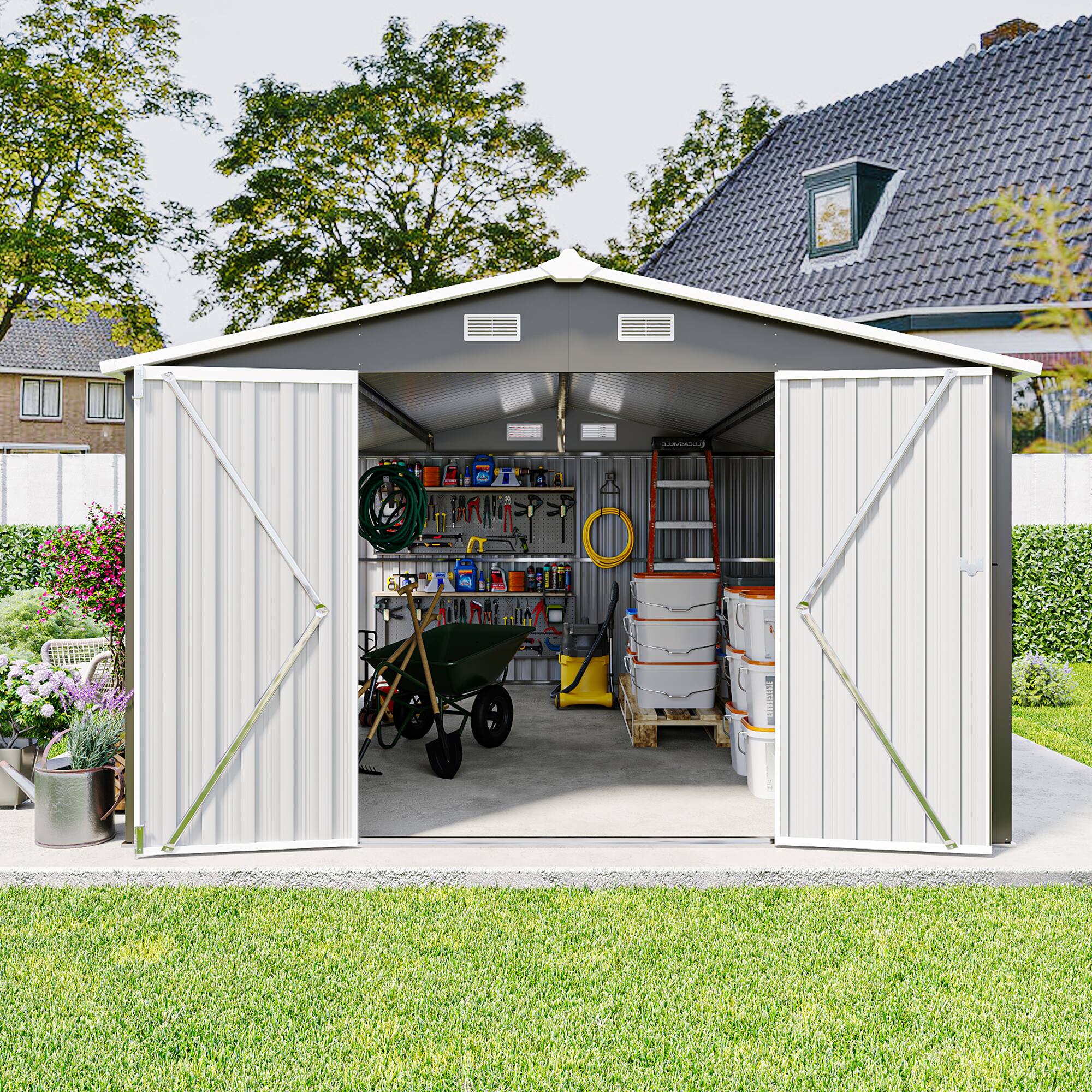 Alt View 1. Anysun - Anysun 10×14 FT Practical 3-Open Hinge Door Design Metal Utility Tool Storage Shed, Assembly Required - Dark Gray.