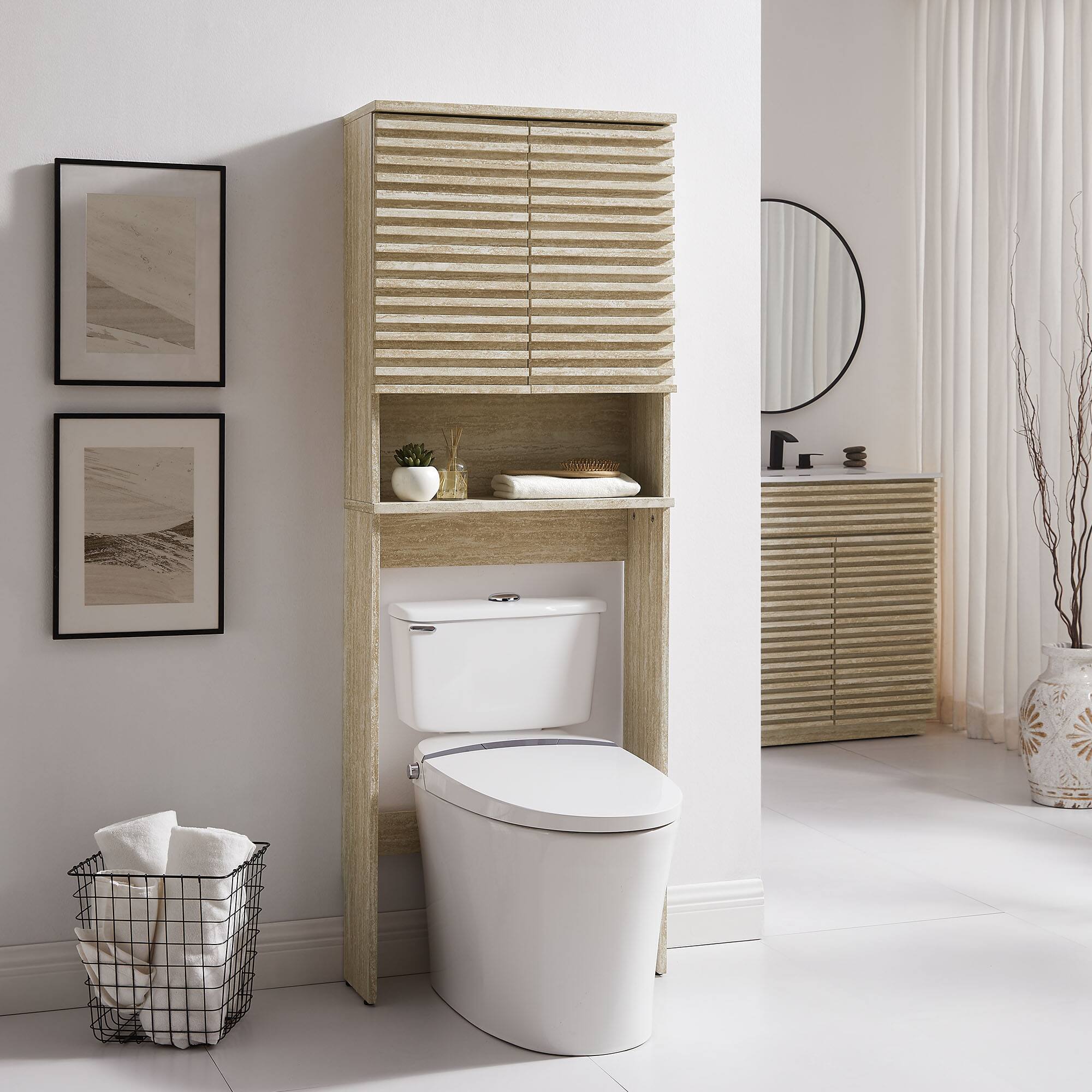 Front. Modway - Render Over the Toilet Faux Travertine Bathroom Storage Cabinet by Modway - Travertine.