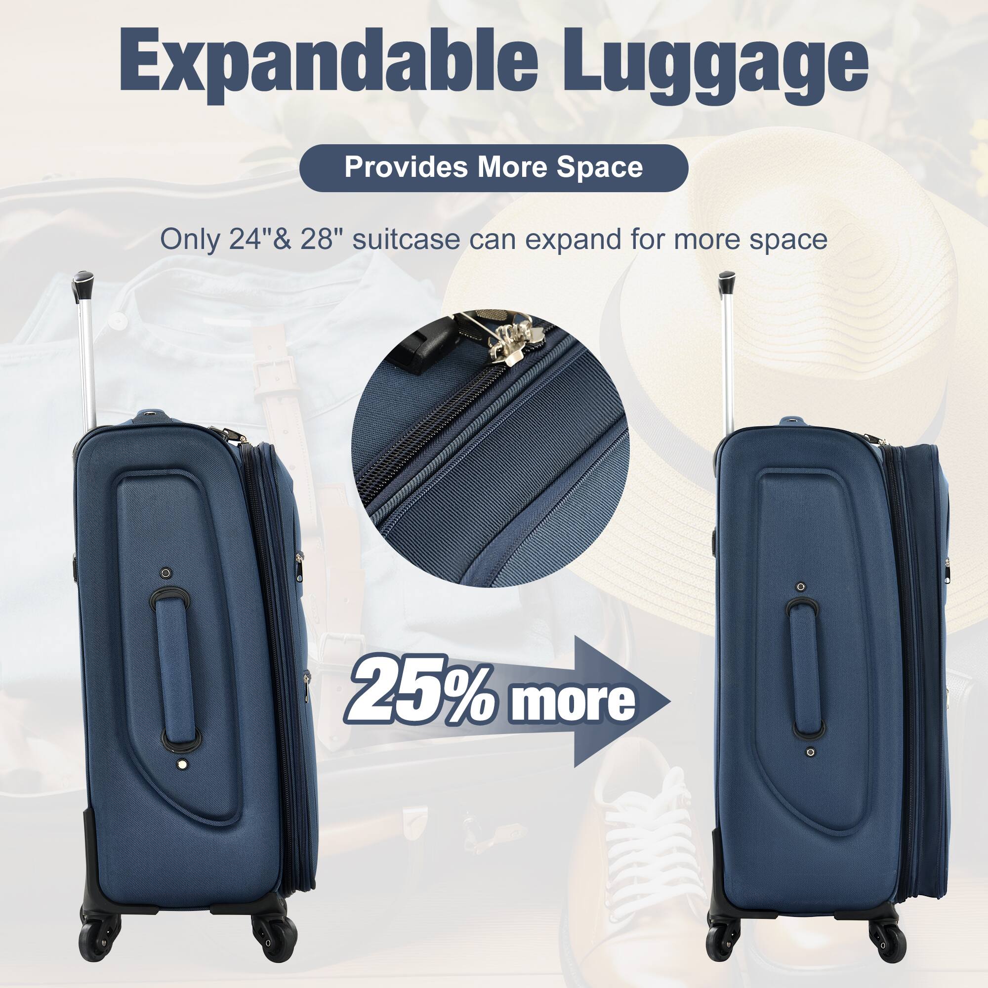 Expandable Luggage  
Provides More Space  
Only 24" & 28" suitcase can expand for more space  
25% more