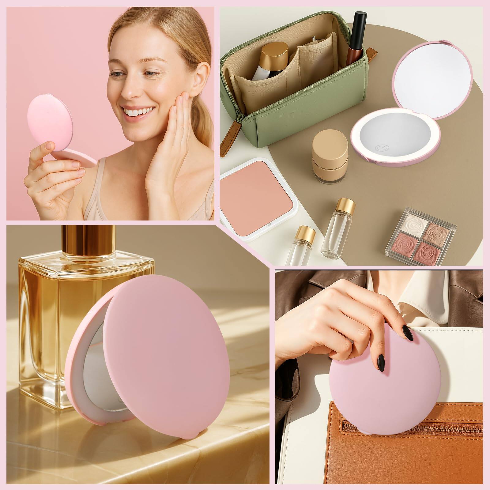 Alt View 4. Earthley Blooms - Compact Mirror With Light  Dimmable Pocket Rechargeable Mini For Purse Travel And Present Folding Handheld 2-sided Round - Pink.