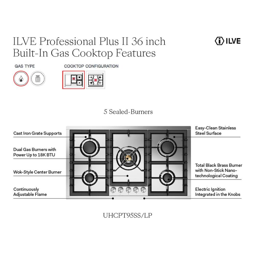 ILVE Professional Plus II 36 inch Built-In Gas Cooktop Features

GAS TYPE
COOKTOP CONFIGURATION

5 Sealed-Burners
Cast Iron Grate Supports
Easy-Clean Stainless Steel Surface
Dual Gas Burners with Power Up to 18K BTU
Wok-Style Center Burner
Continuously Adjustable Flame
Total Black Brass Burner with Non-Stick Nano-technological Coating
Electric Ignition Integrated in the Knobs

UHCPT95SS/LP
