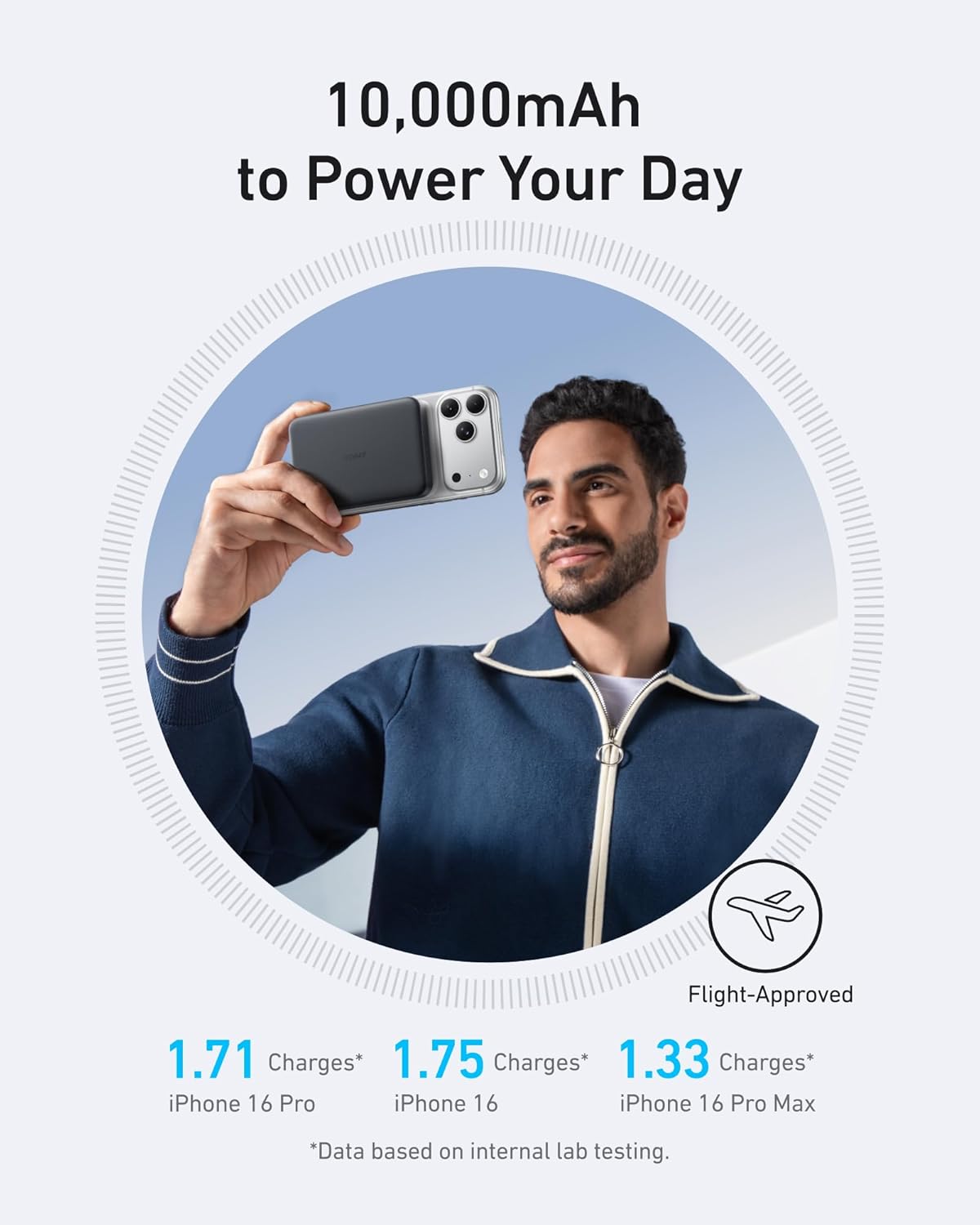 10,000mAh to Power Your Day  
Flight-Approved  

1.71 Charges*  
iPhone 16 Pro  

1.75 Charges*  
iPhone 16  

1.33 Charges*  
iPhone 16 Pro Max  

*Data based on internal lab testing.