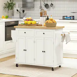 Kadyn - Kitchen Island on Wheels, Rolling Cart with Rubberwood Top, Spice Rack, Towel Rack and Drawers, Cream - White