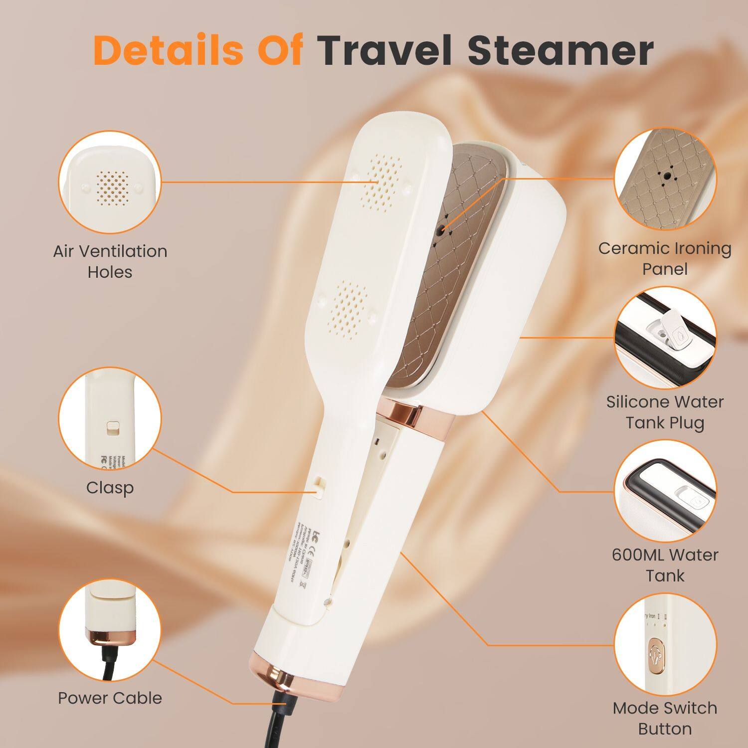 Details Of Travel Steamer

- Air Ventilation Holes
- Ceramic Ironing Panel
- Silicone Water Tank Plug
- Clasp
- Power Cable
- 600ML Water Tank
- Mode Switch Button