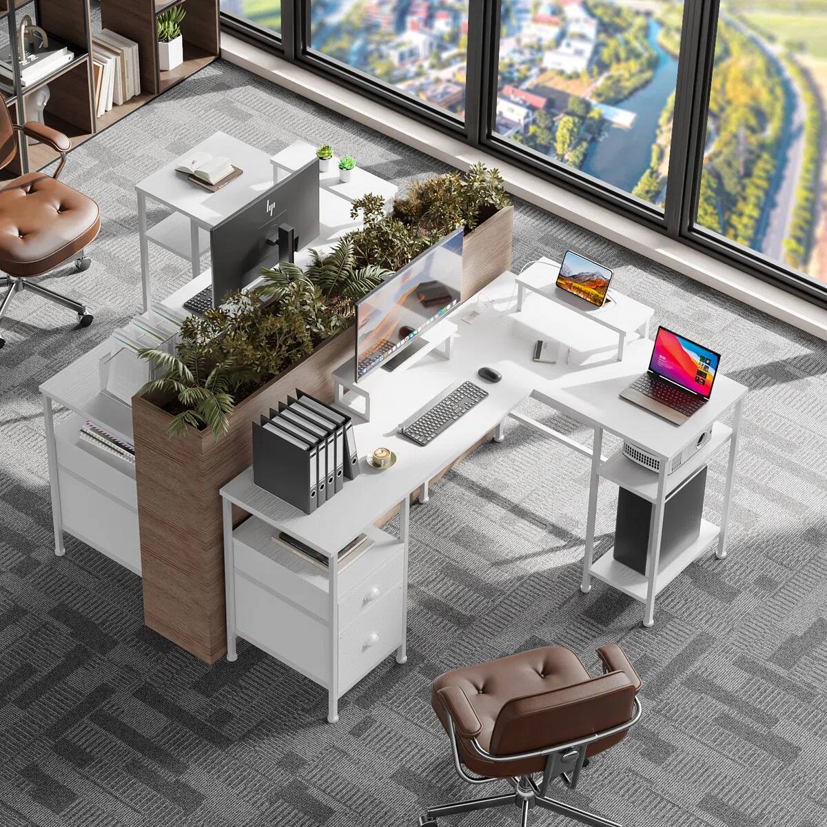 Alt View 1. Furnulem - 59 In LShaped Computer Desk with 2 Monitor Stand Power Outlet Cabinet Gaming Desk Metal Base with Drawers desk - White.