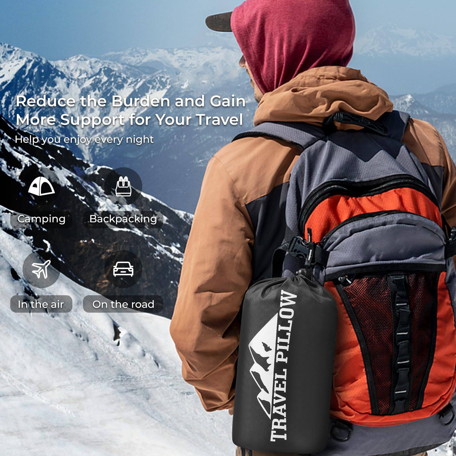 Reduce the Burden and Gain More Support for Your Travel  
Help you enjoy every night  

Camping  
Backpacking  
In the air  
On the road  

TRAVEL PILLOW