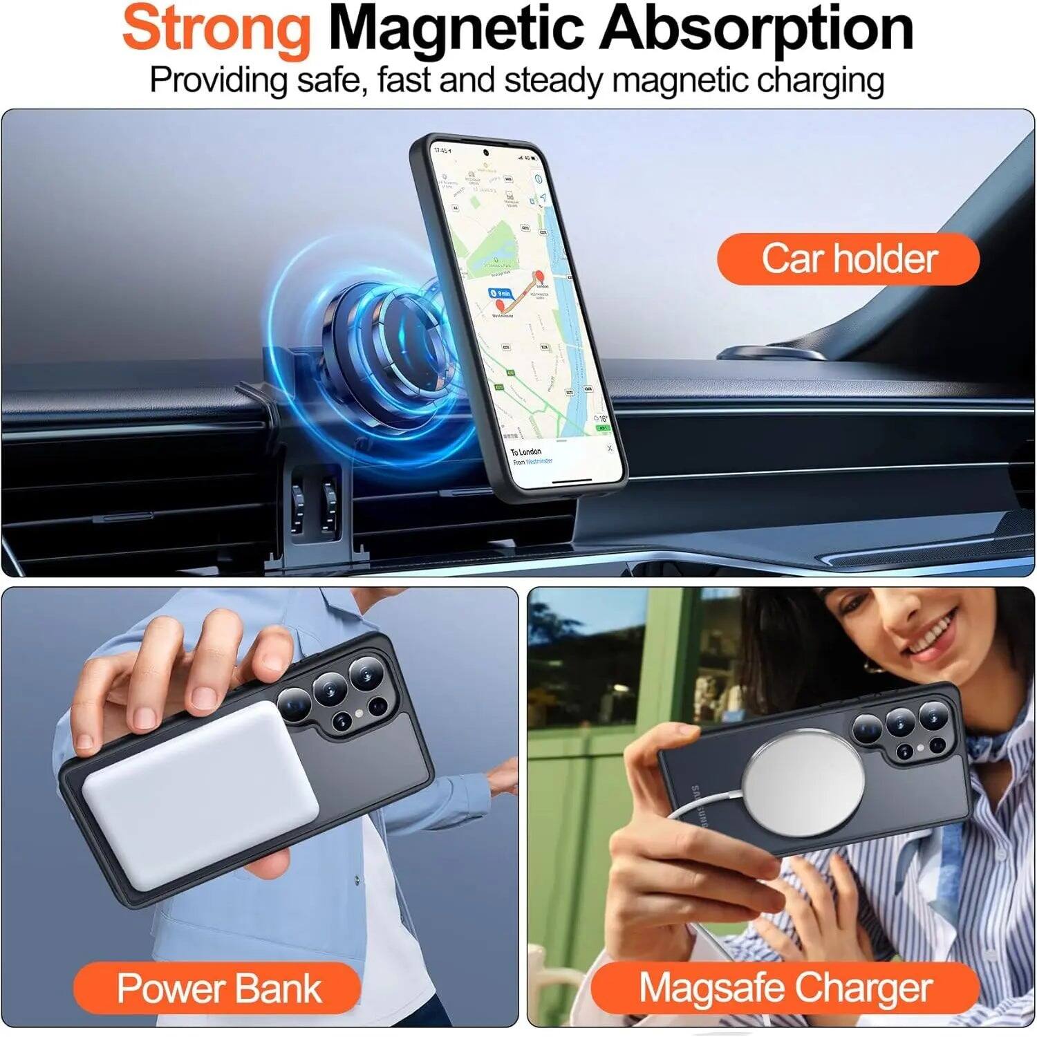Strong Magnetic Absorption  
Providing safe, fast and steady magnetic charging

Car holder

Power Bank

Magsafe Charger