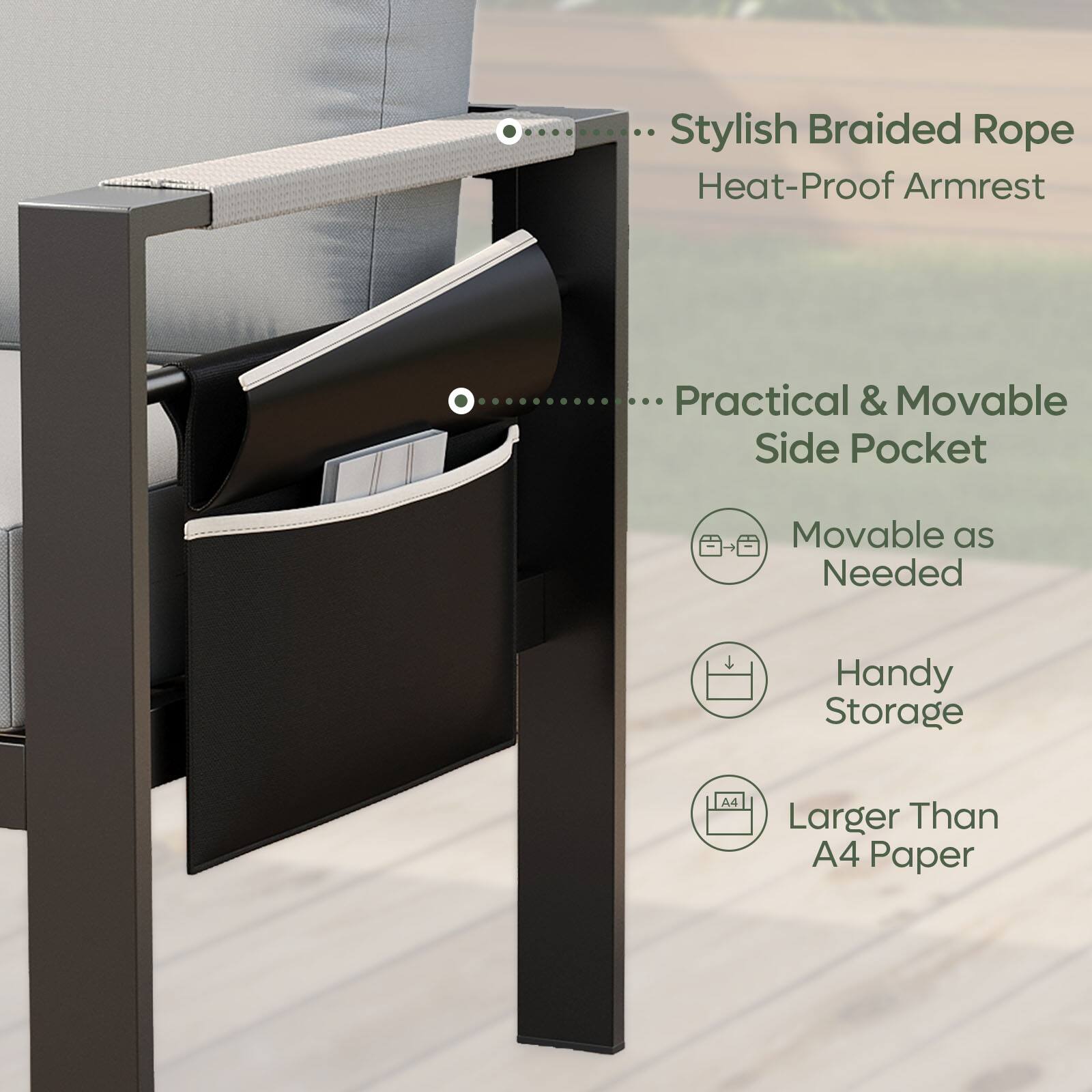 Stylish Braided Rope Heat-Proof Armrest Practical & Movable Side Pocket Movable as Needed Handy Storage A4 Larger Than A4 Paper