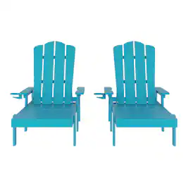 Emma + Oliver - Stockton Set of 2 Recycled HDPE Adjustable Adirondack Loungers with Fold Out Cupholders for Indoor/Outdoor Use - Blue
