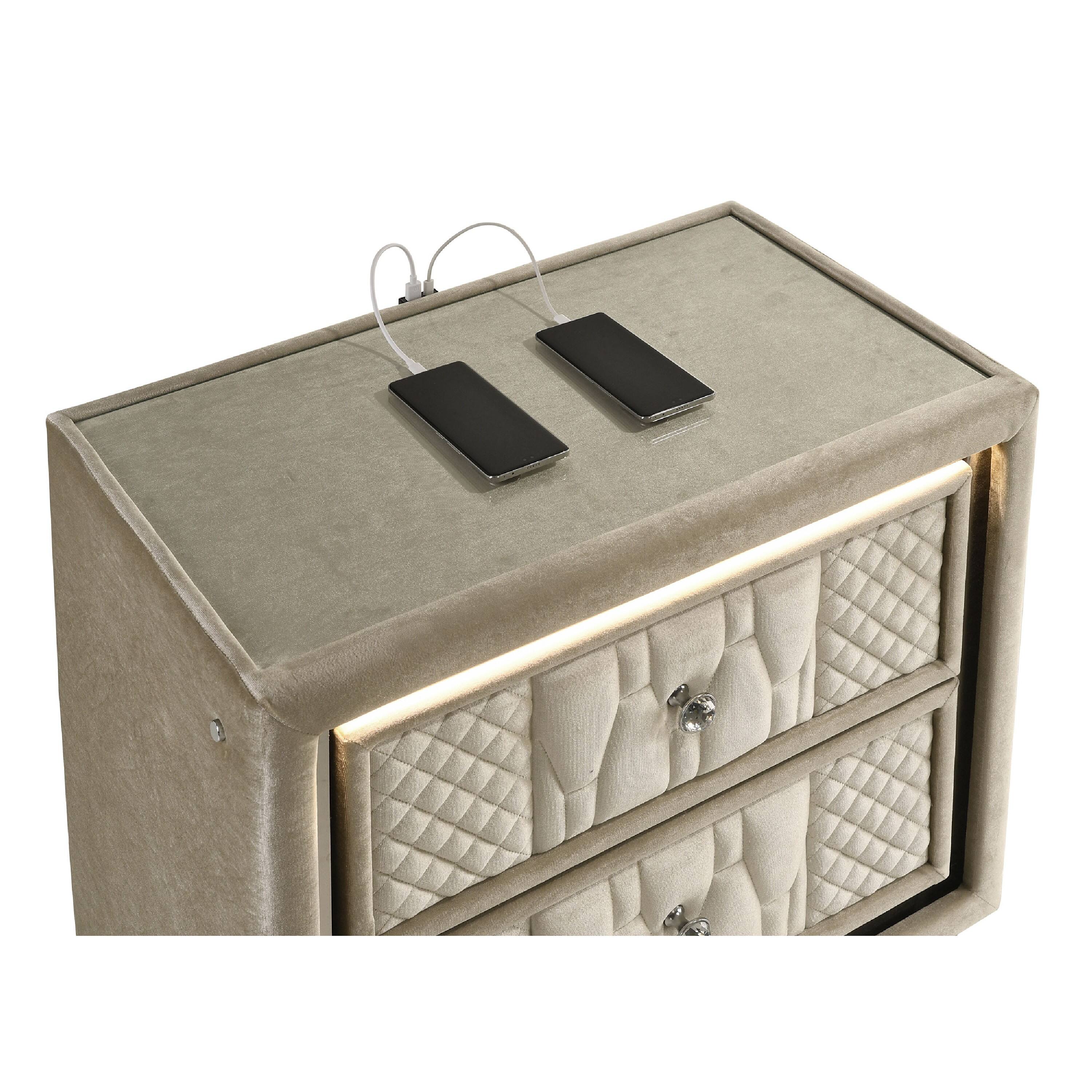 Alt View 5. Manhattan Lane - Maren Nightstand, 2 Drawers and USB Port, Ivory-Camel Velvet 28 Inch - Ivory.