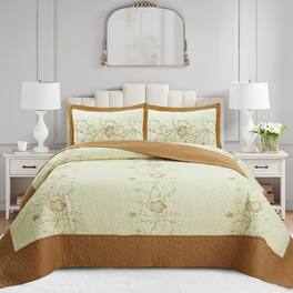 MarCielo - 3 Piece Queen Size Embroidery Quilt Set Lightweight Bedspread Set Queen - Gold and Cream