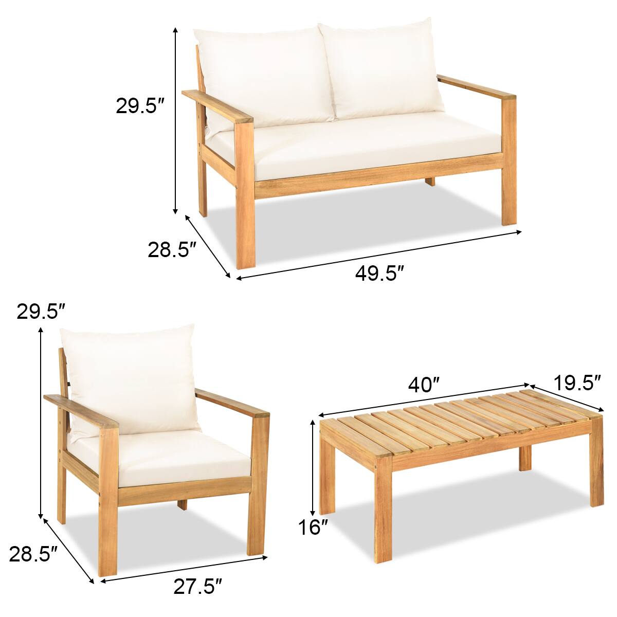 The text can be grouped as follows:

- Sofa dimensions:
  - Width: 49.5"
  - Depth: 28.5"
  - Height: 29.5"

- Chair dimensions:
  - Width: 28.5"
  - Depth: 27.5"
  - Height: 29.5"

- Ottoman dimensions:
  - Length: 40"
  - Width: 19.5"
  - Height: 16"