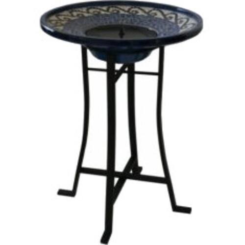 Front Standard. Smart Solar - Mosaic Solar Birdbath with Metal Stand Ceramic Glazed Finish.
