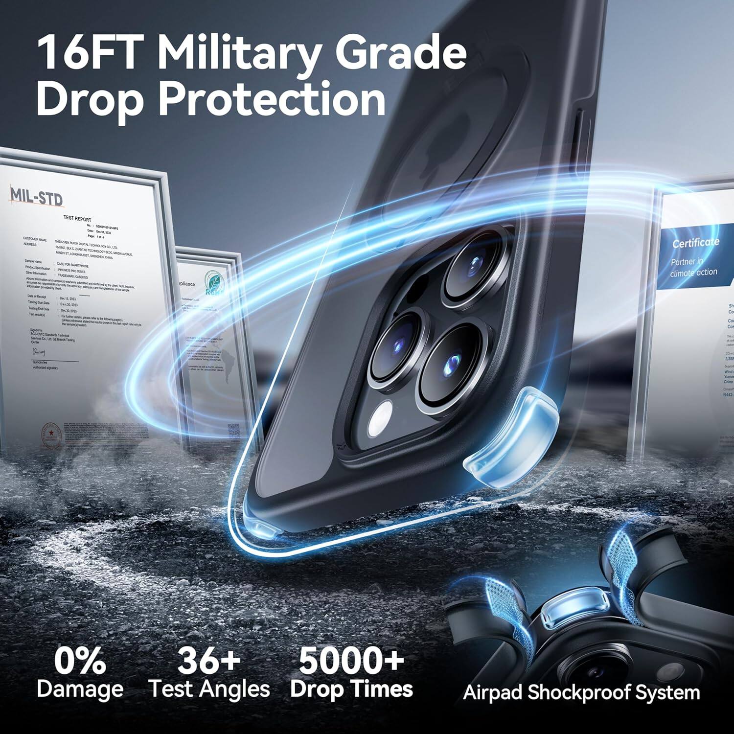 16FT Military Grade Drop Protection

MIL-STD

0% Damage

36+ Test Angles

5000+ Drop Times

Airpad Shockproof System