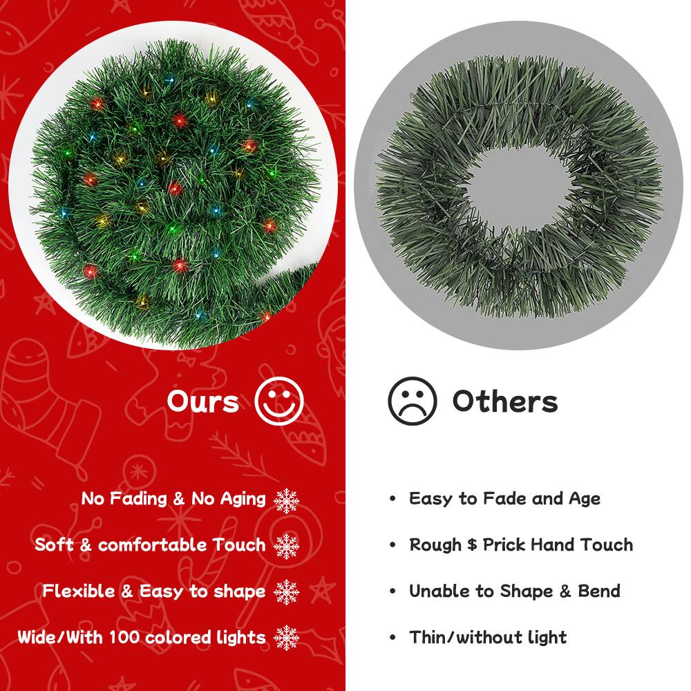 **Ours**

- No Fading & No Aging
- Soft & comfortable Touch
- Flexible & Easy to shape
- Wide/With 100 colored lights

**Others**

- Easy to Fade and Age
- Rough & Prick Hand Touch
- Unable to Shape & Bend
- Thin/without light
