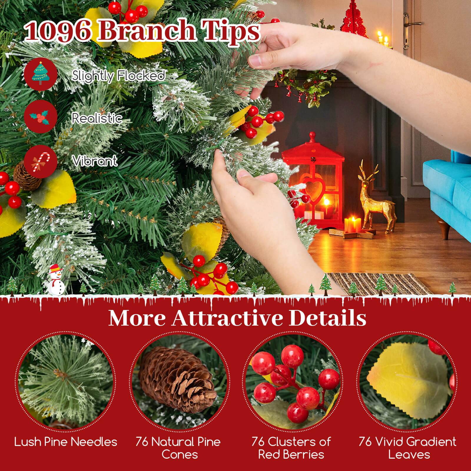 1096 Branch Tips Slightly Flocked Realistic Vibrant More Attractive Details Lush Pine Needles 76 Natural Pine Cones 76 Clusters of Red Berries 76 Vivid Gradient Leaves