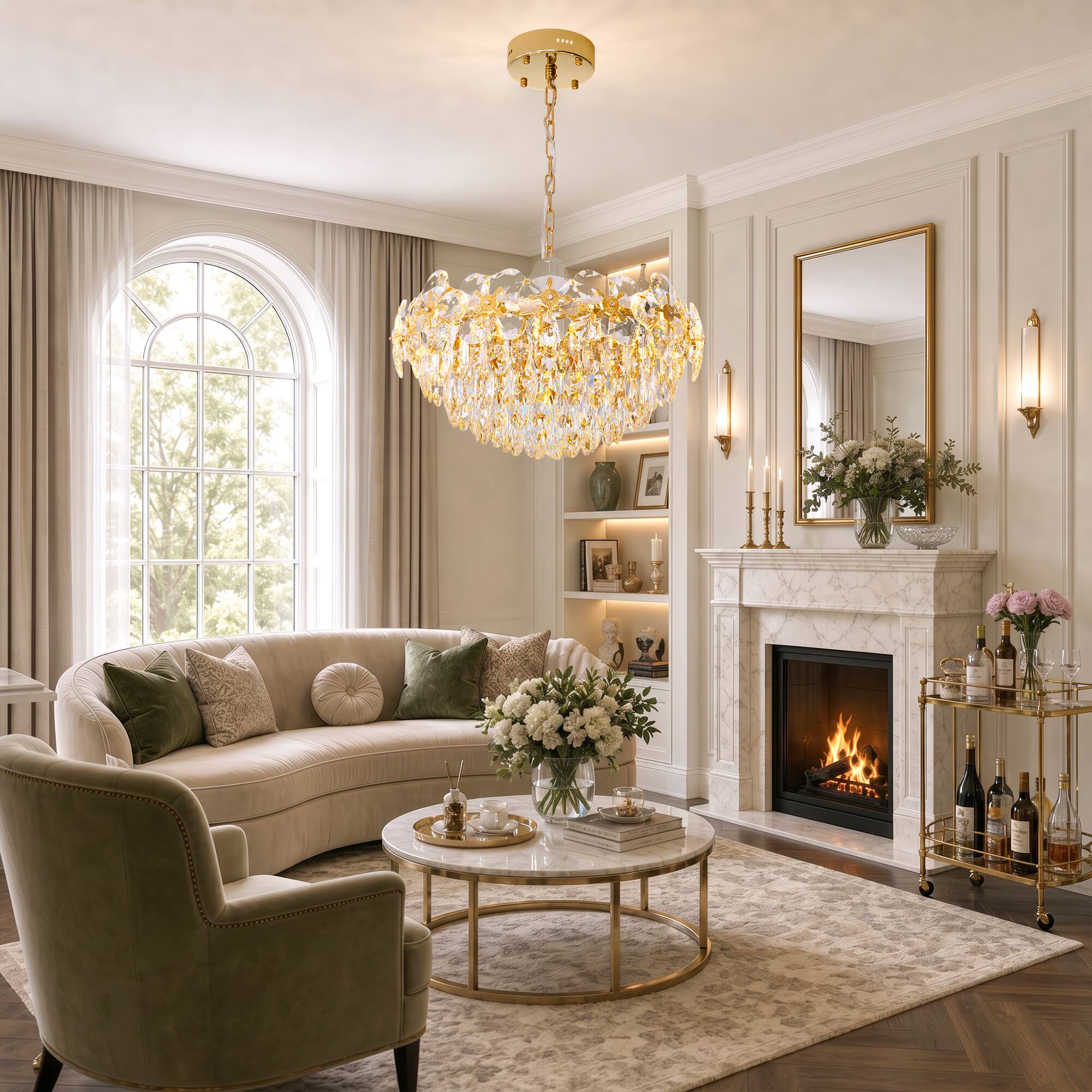Back. Siljoy - 24 Inch Round Luxury Crystal Chandelier, Modern Gold 4-Leaf Floral Pendant Light for Kitchen Living Room  Foyer - Rose Gold.
