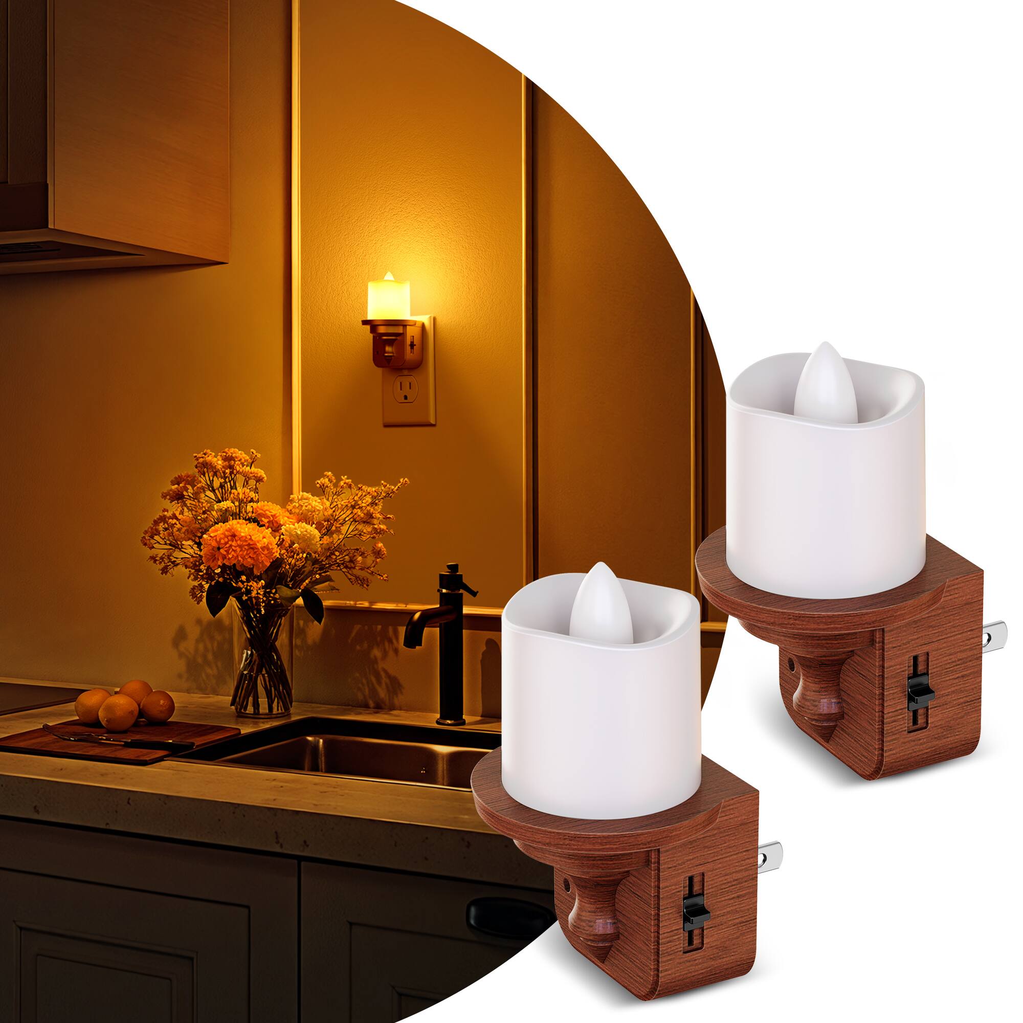 Angle. Jandcase - JANDCASE 2-Pack 1W  Plug-in Night Light, Amber Glow, Candle Design with Wood Grain Finish,  0-100%, Dusk-to-Dawn Sensor - Brwon and White.